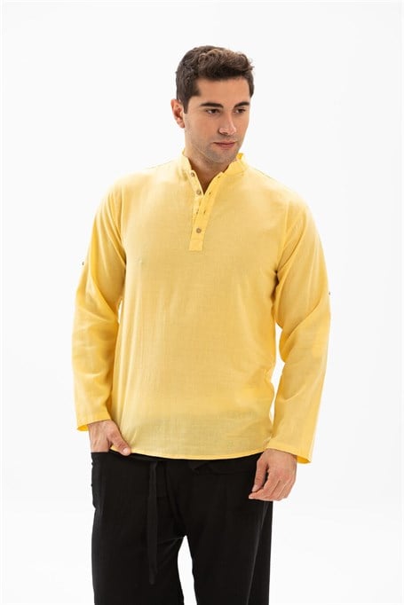 Toptan Uzun Kol Şile Bezi Bodrum Erkek T-Shirt Sarı