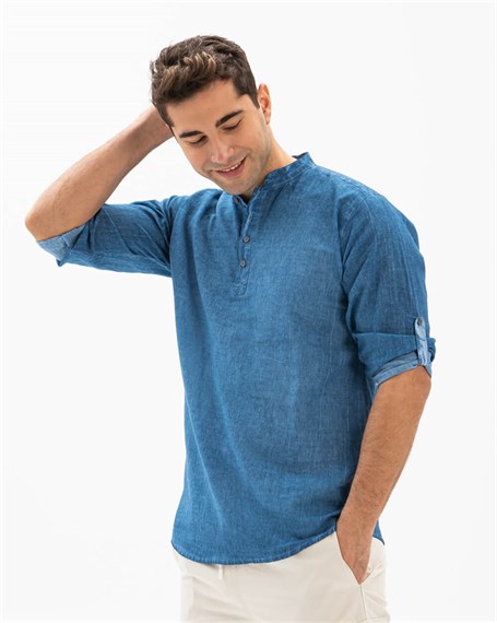 Toptan Uzun Kol Şile Bezi Bodrum Erkek T-Shirt Kot Mavi