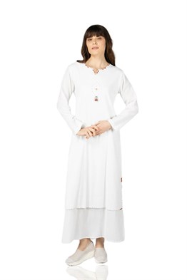 Toptan Büyük Beden Uzun Kol Boncuklu Şile Bezi Elbise Beyaz