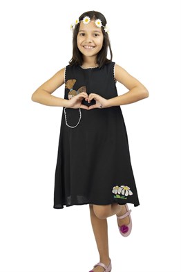Toptan Ece Şile Bezi Çocuk Elbise Siyah