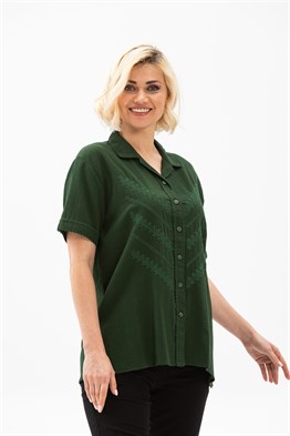 Toptan Kısa Kol Şile Bezi Oyalı Verev Bluz Yeşil