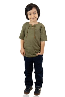 Toptan Kısa Kol Şile Bezi Zımbalı Erkek Çocuk Tshirt Haki