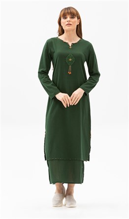Toptan Uzun Kol Şile Bezi Boncuklu Elbise Yeşil